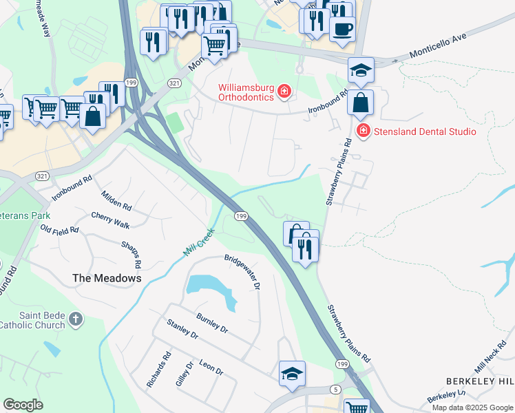 map of restaurants, bars, coffee shops, grocery stores, and more near 4058 Midlands Road in Williamsburg