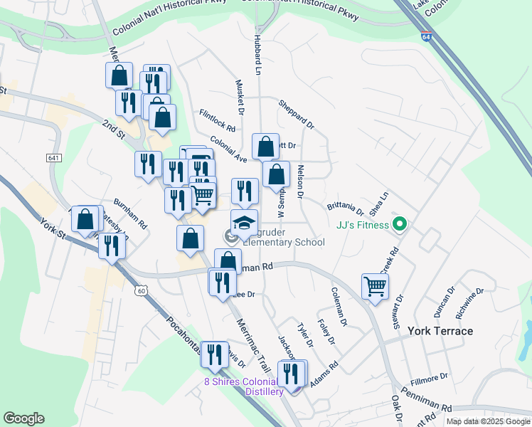 map of restaurants, bars, coffee shops, grocery stores, and more near 203 Hubbard Lane in Williamsburg