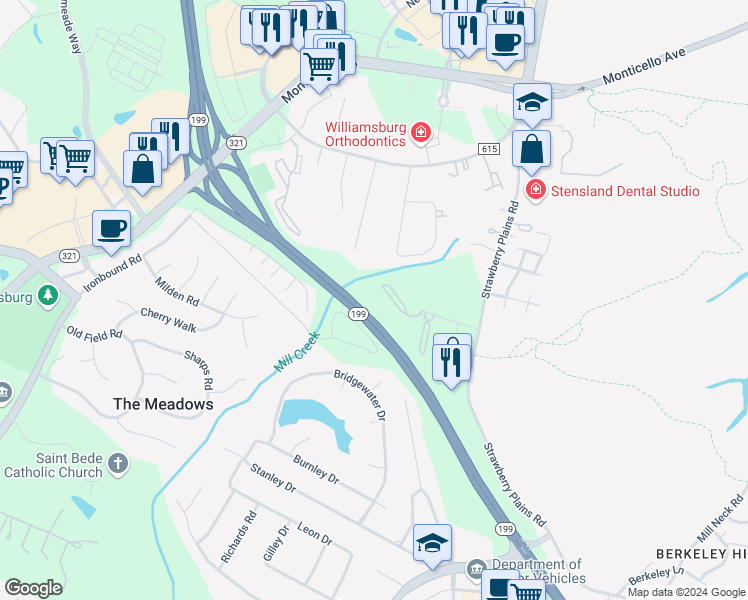 map of restaurants, bars, coffee shops, grocery stores, and more near 4072 Midlands Road in Williamsburg