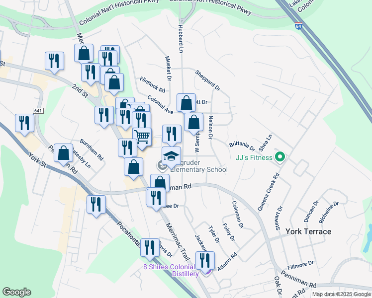 map of restaurants, bars, coffee shops, grocery stores, and more near 203 Hubbard Lane in Williamsburg