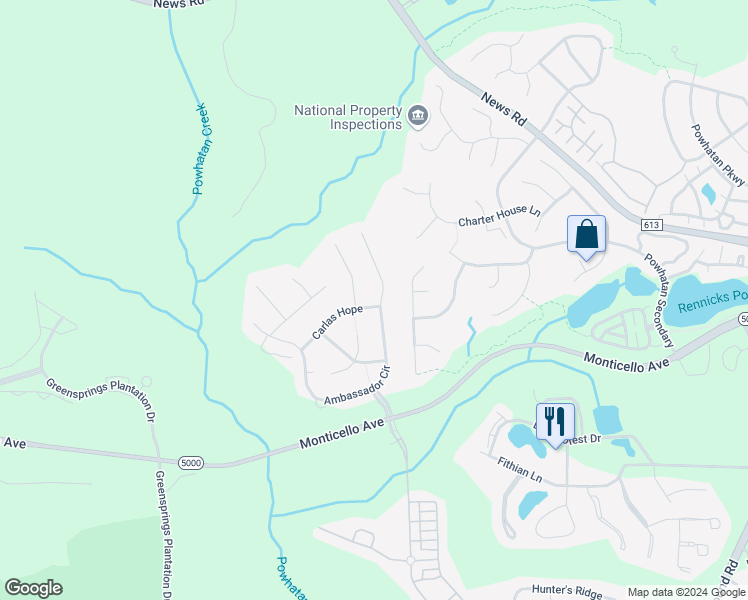 map of restaurants, bars, coffee shops, grocery stores, and more near 4051 Ambassador Circle in Williamsburg