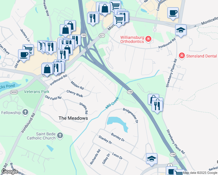 map of restaurants, bars, coffee shops, grocery stores, and more near 136 Indigo Dam Road in Williamsburg