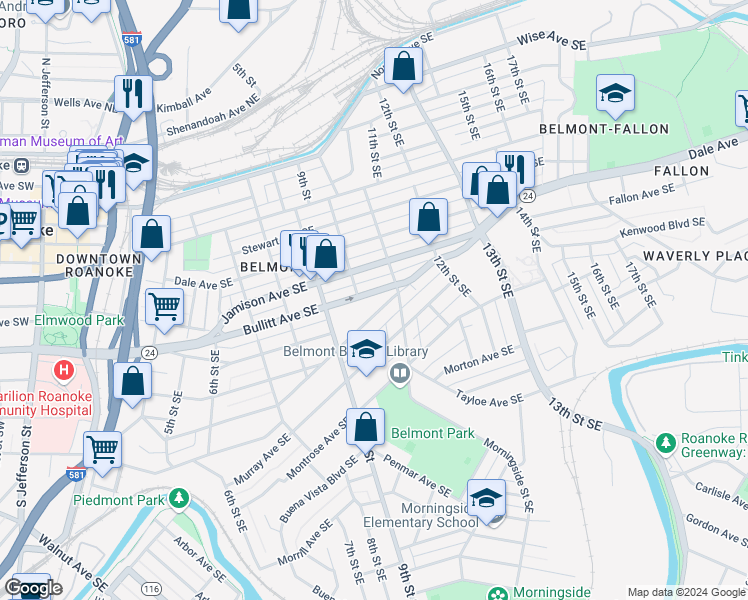 map of restaurants, bars, coffee shops, grocery stores, and more near 1009 Bullitt Avenue Southeast in Roanoke