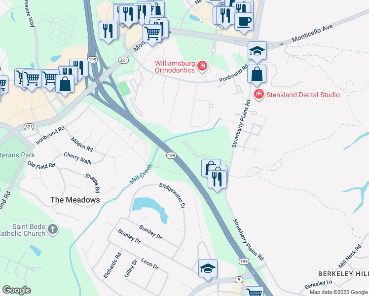 map of restaurants, bars, coffee shops, grocery stores, and more near 4058 Midlands Road in Williamsburg