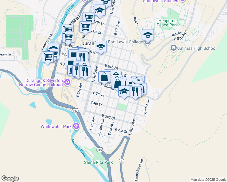map of restaurants, bars, coffee shops, grocery stores, and more near in Durango