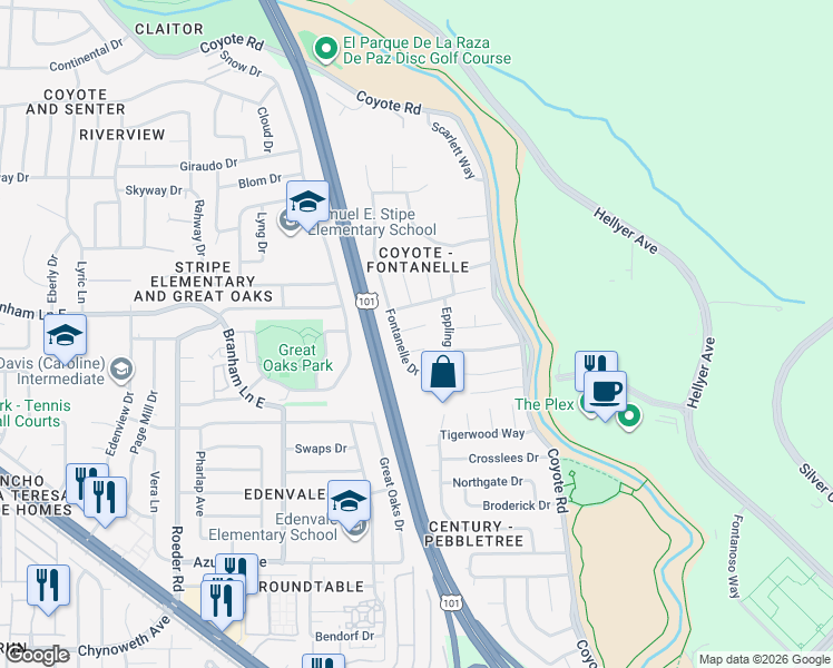 map of restaurants, bars, coffee shops, grocery stores, and more near 406 Fullerton Drive in San Jose