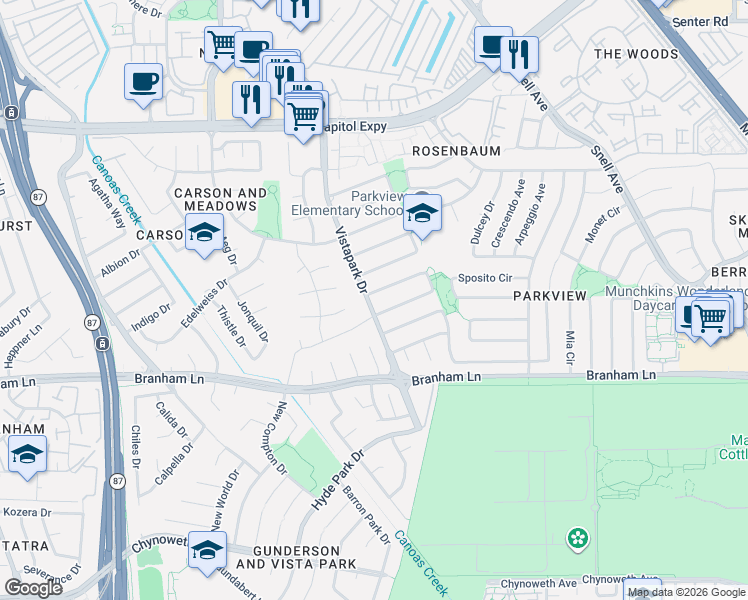 map of restaurants, bars, coffee shops, grocery stores, and more near 303 Grandpark Circle in San Jose