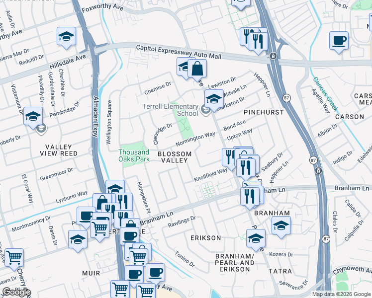 map of restaurants, bars, coffee shops, grocery stores, and more near 938 Normington Way in San Jose