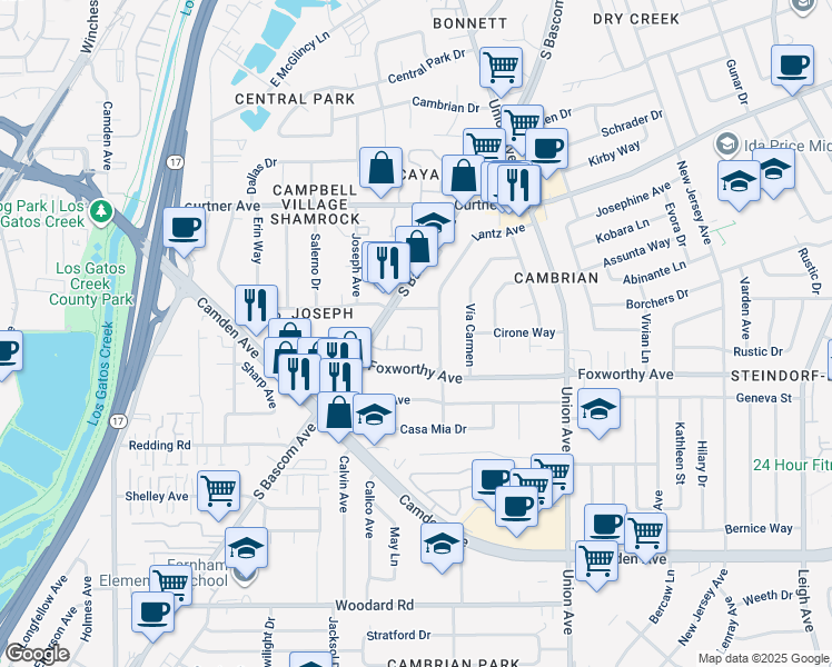 map of restaurants, bars, coffee shops, grocery stores, and more near 2910 South Bascom Avenue in San Jose