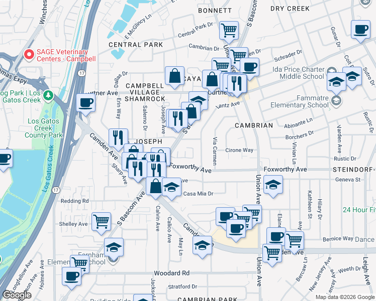 map of restaurants, bars, coffee shops, grocery stores, and more near 2910 South Bascom Avenue in San Jose