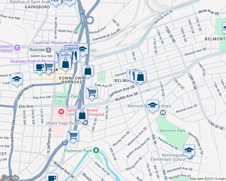 map of restaurants, bars, coffee shops, grocery stores, and more near 611 Dale Avenue Southeast in Roanoke