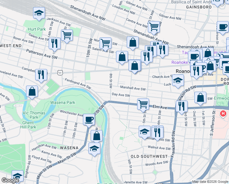 map of restaurants, bars, coffee shops, grocery stores, and more near 640 Marshall Avenue Southwest in Roanoke