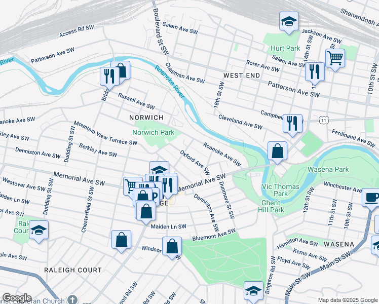 map of restaurants, bars, coffee shops, grocery stores, and more near 817 James Street Southwest in Roanoke