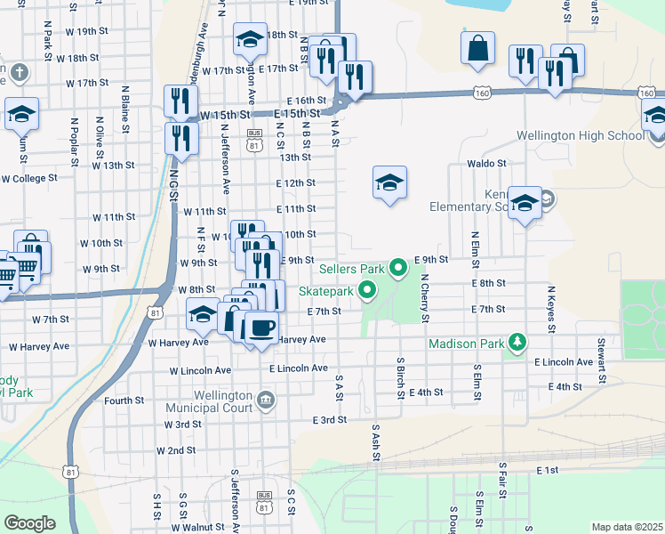 map of restaurants, bars, coffee shops, grocery stores, and more near 317 East 9th Street in Wellington