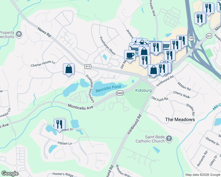 map of restaurants, bars, coffee shops, grocery stores, and more near 231 Powhatan Secondary in Williamsburg