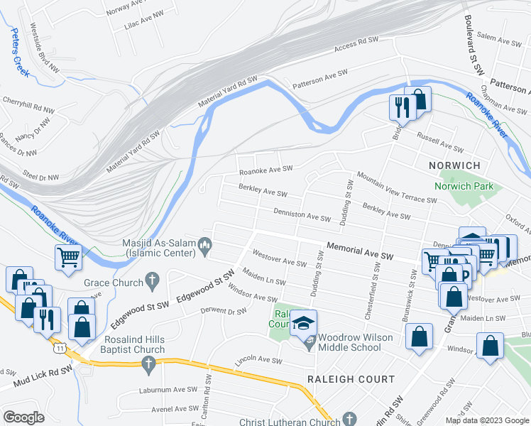 map of restaurants, bars, coffee shops, grocery stores, and more near 2446 Denniston Avenue Southwest in Roanoke