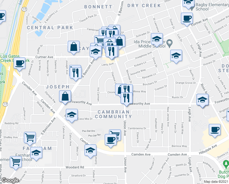 map of restaurants, bars, coffee shops, grocery stores, and more near Cirone Way in San Jose