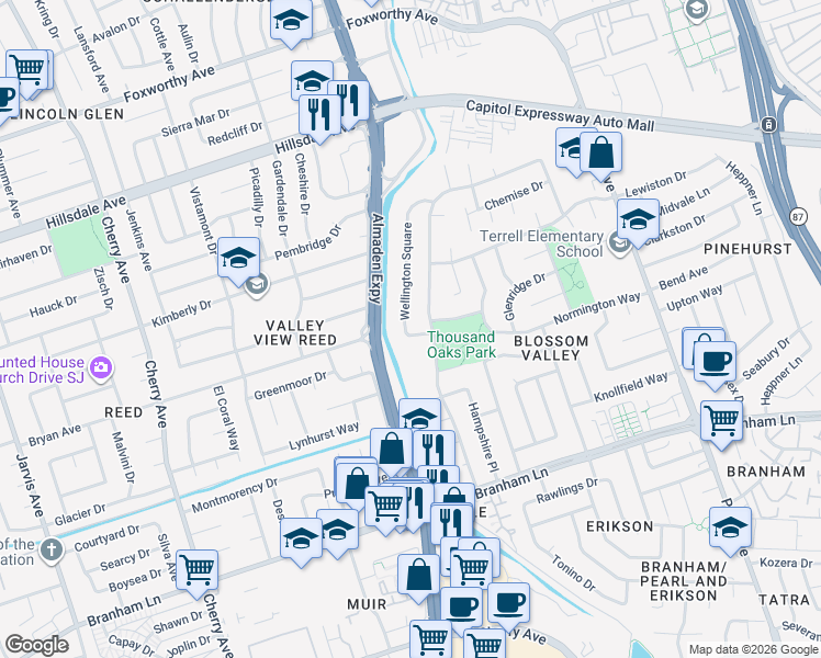 map of restaurants, bars, coffee shops, grocery stores, and more near 3954 Wellington Square in San Jose