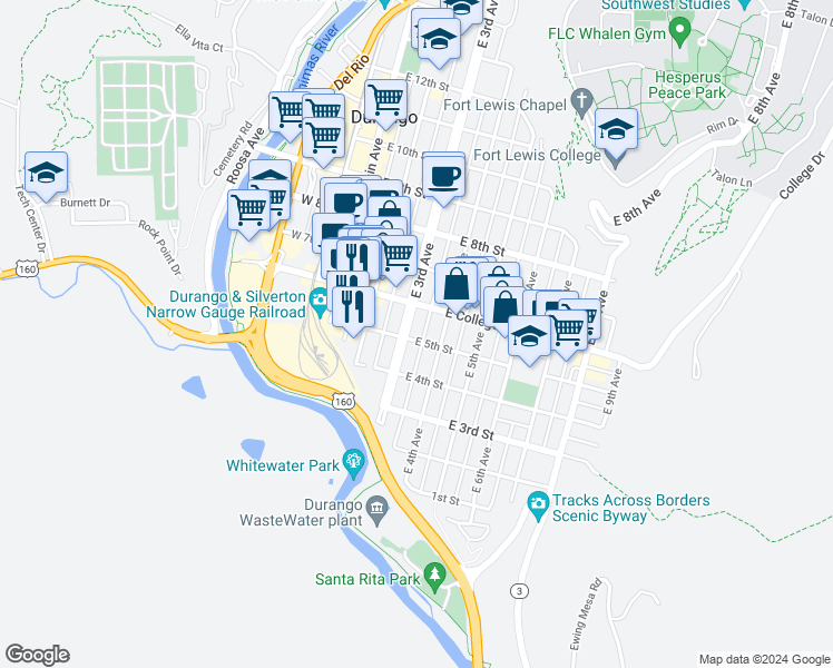 map of restaurants, bars, coffee shops, grocery stores, and more near 506 East 3rd Avenue in Durango