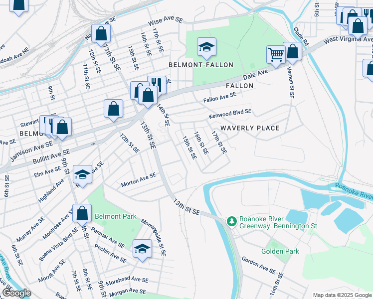 map of restaurants, bars, coffee shops, grocery stores, and more near 1113 15th Street Southeast in Roanoke