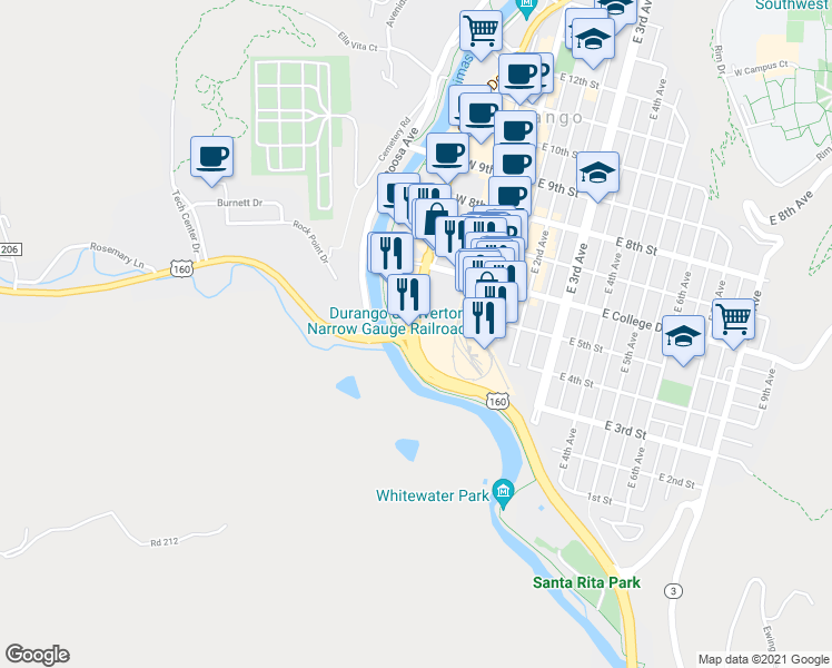 map of restaurants, bars, coffee shops, grocery stores, and more near 500 Camino Del Rio in Durango