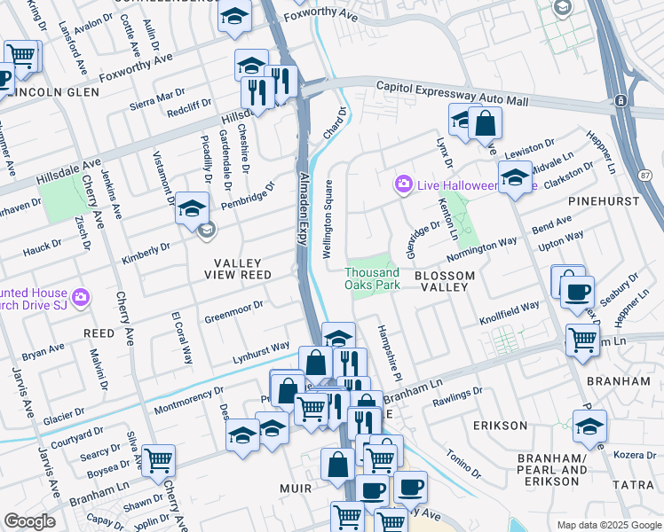 map of restaurants, bars, coffee shops, grocery stores, and more near 3954 Wellington Square in San Jose