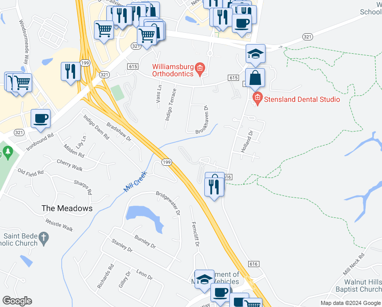 map of restaurants, bars, coffee shops, grocery stores, and more near 4025 Midlands Road in Williamsburg