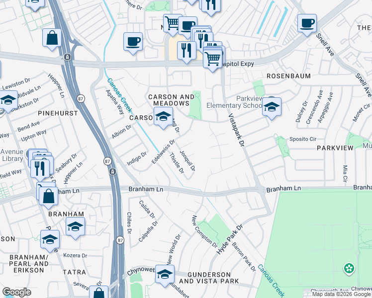 map of restaurants, bars, coffee shops, grocery stores, and more near 472 Meadow Dale Court in San Jose