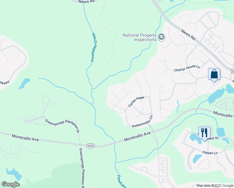 map of restaurants, bars, coffee shops, grocery stores, and more near 4008 Owl Creek in Williamsburg