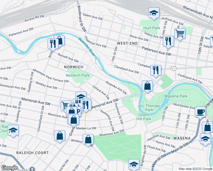 map of restaurants, bars, coffee shops, grocery stores, and more near 1710 Roanoke Avenue Southwest in Roanoke
