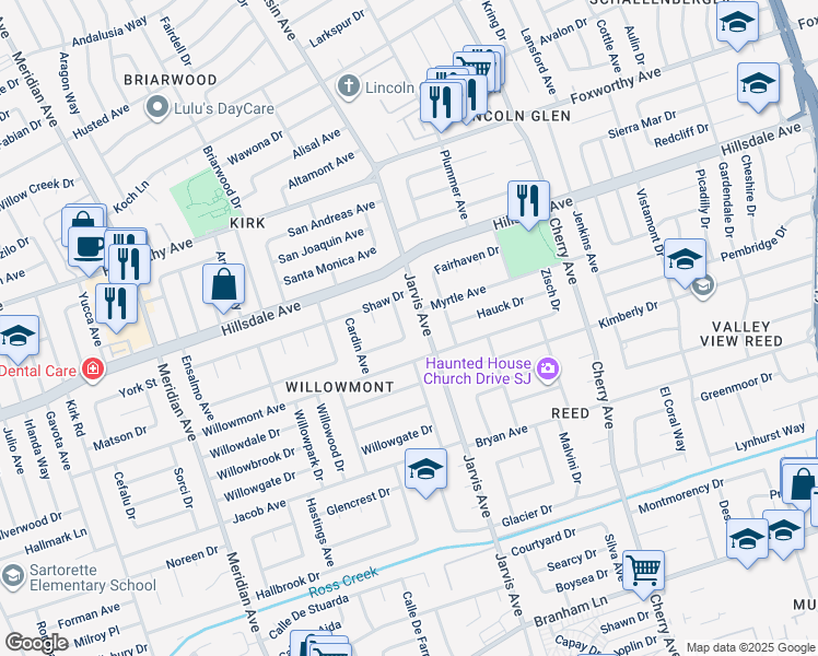 map of restaurants, bars, coffee shops, grocery stores, and more near 3378 Thompson Avenue in San Jose