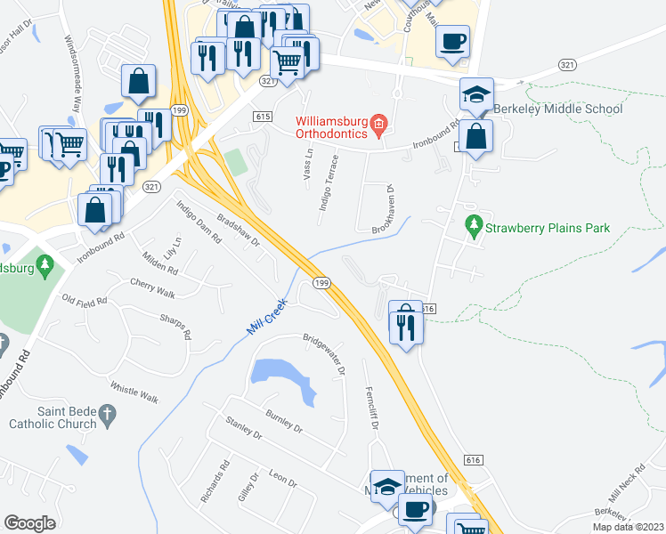 map of restaurants, bars, coffee shops, grocery stores, and more near 4078 Midlands Road in Williamsburg