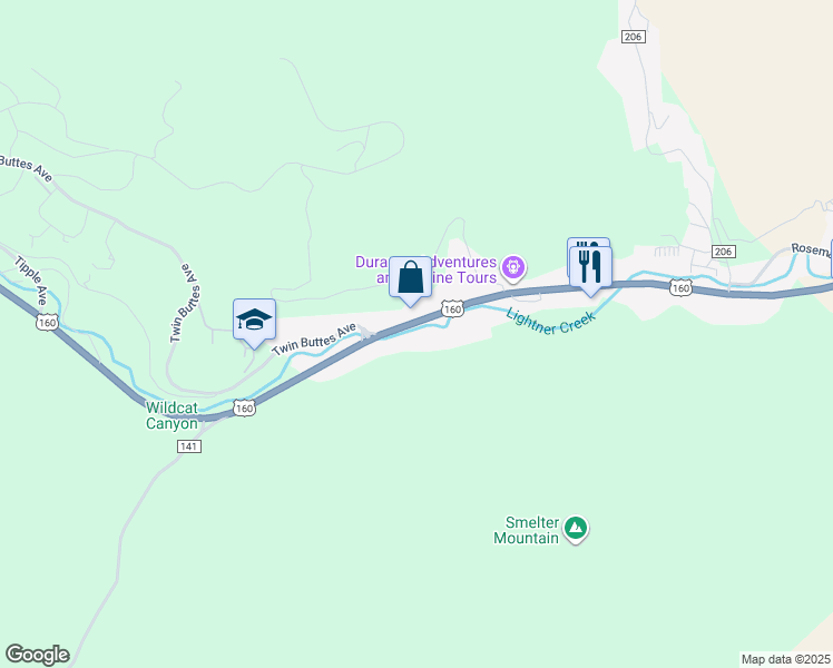 map of restaurants, bars, coffee shops, grocery stores, and more near 20324-20650 U.S. 160 in Durango