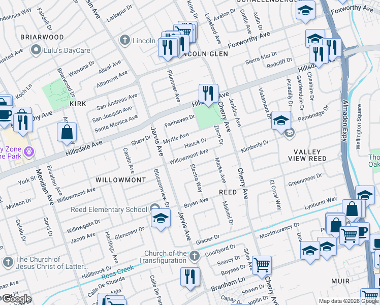 map of restaurants, bars, coffee shops, grocery stores, and more near 1464 Hauck Drive in San Jose