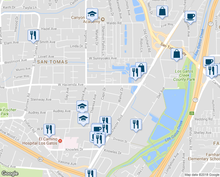 map of restaurants, bars, coffee shops, grocery stores, and more near 600 West Hacienda Avenue in Campbell