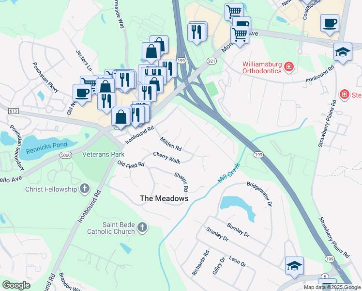 map of restaurants, bars, coffee shops, grocery stores, and more near 3901 Shady Lane in Williamsburg