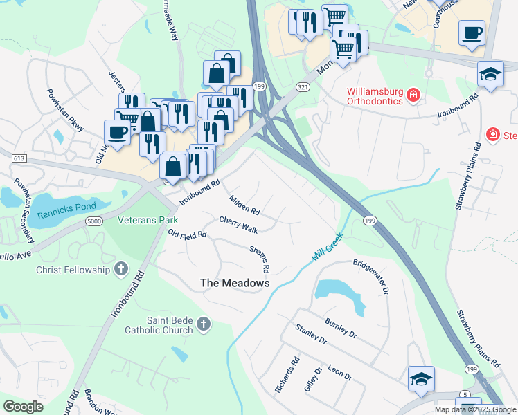 map of restaurants, bars, coffee shops, grocery stores, and more near 3901 Shady Lane in Williamsburg