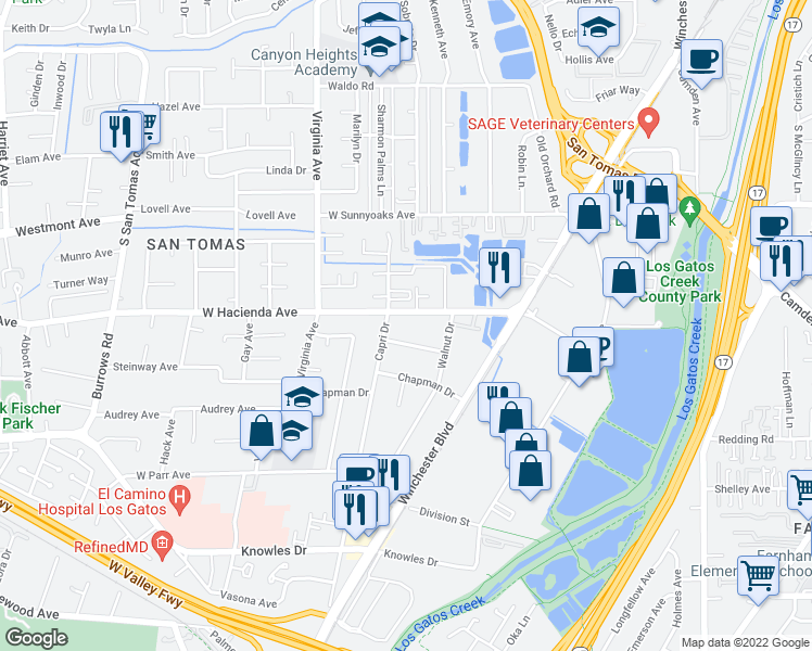 map of restaurants, bars, coffee shops, grocery stores, and more near 622 West Hacienda Avenue in Campbell