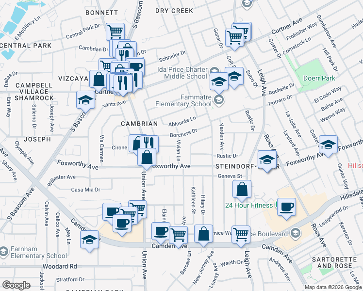 map of restaurants, bars, coffee shops, grocery stores, and more near 2924 Vivian Lane in San Jose