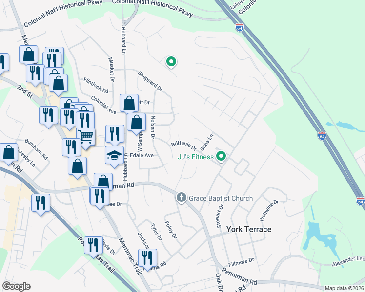 map of restaurants, bars, coffee shops, grocery stores, and more near 107 Trafalgar Court in Williamsburg