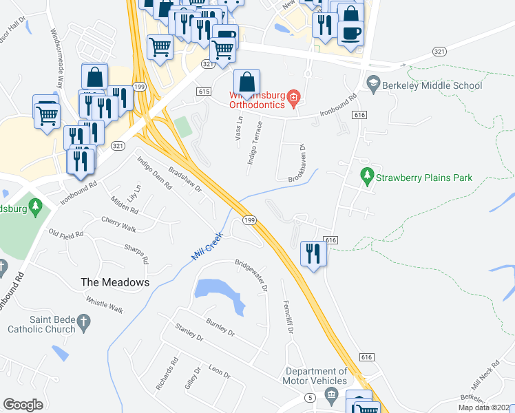 map of restaurants, bars, coffee shops, grocery stores, and more near 4080 Midlands Road in Williamsburg