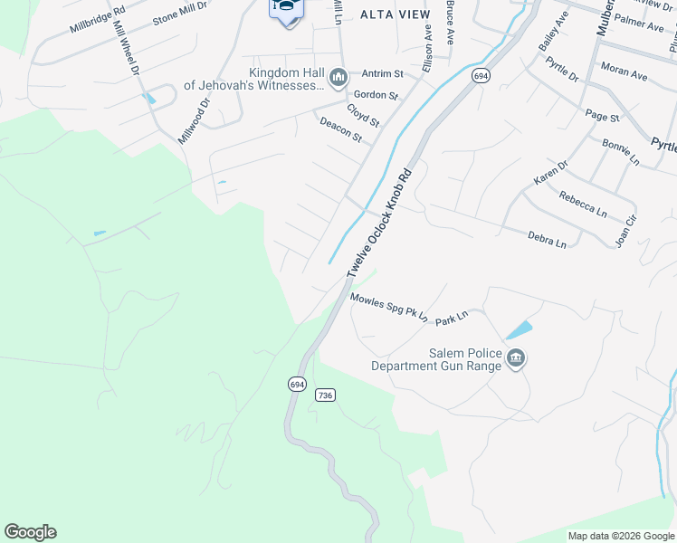 map of restaurants, bars, coffee shops, grocery stores, and more near 2905 12 Oclock Knob Road in Salem