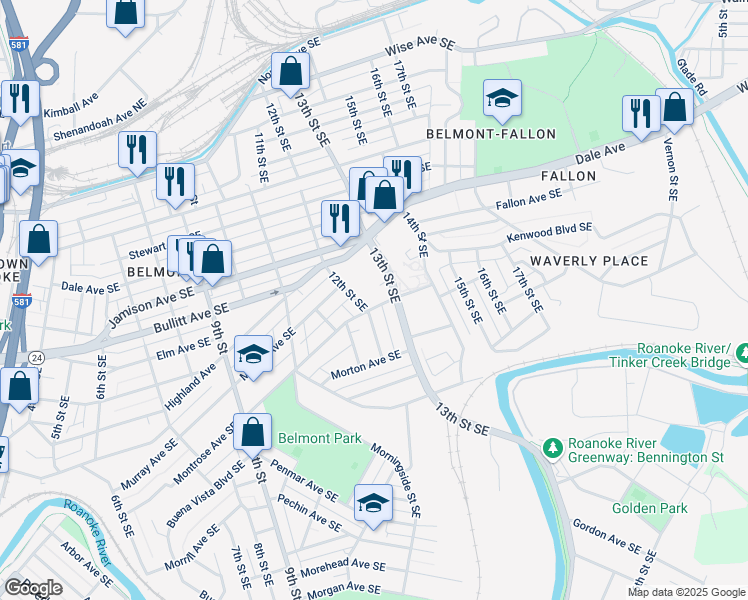 map of restaurants, bars, coffee shops, grocery stores, and more near 1212 Montrose Avenue Southeast in Roanoke