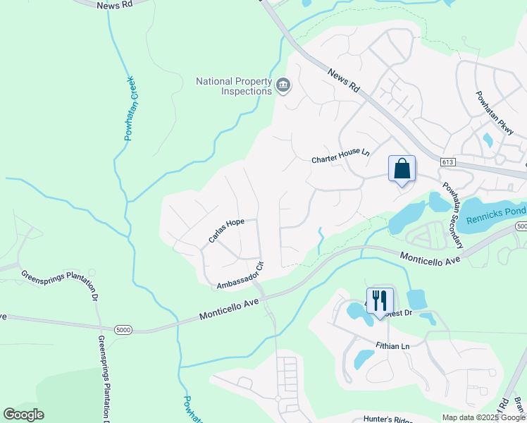 map of restaurants, bars, coffee shops, grocery stores, and more near 4052 Ambassador Circle in Williamsburg