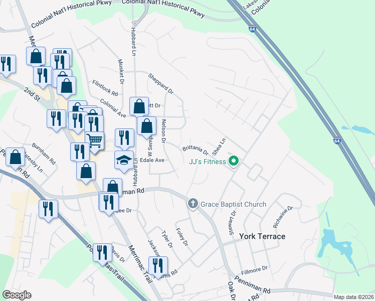 map of restaurants, bars, coffee shops, grocery stores, and more near 302 Brittania Drive in Williamsburg