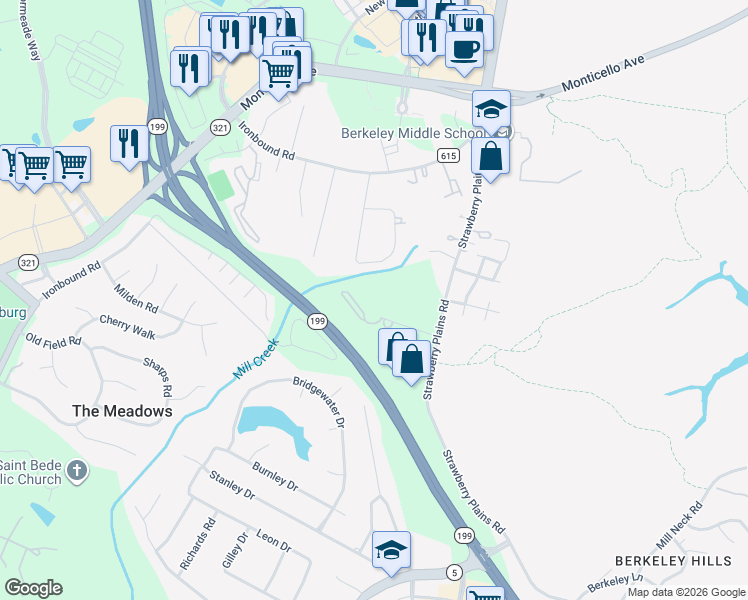 map of restaurants, bars, coffee shops, grocery stores, and more near 4015 Midlands Road in Williamsburg
