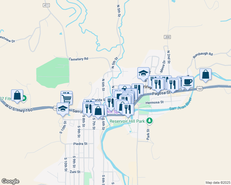 map of restaurants, bars, coffee shops, grocery stores, and more near 274 North 5th Street in Pagosa Springs