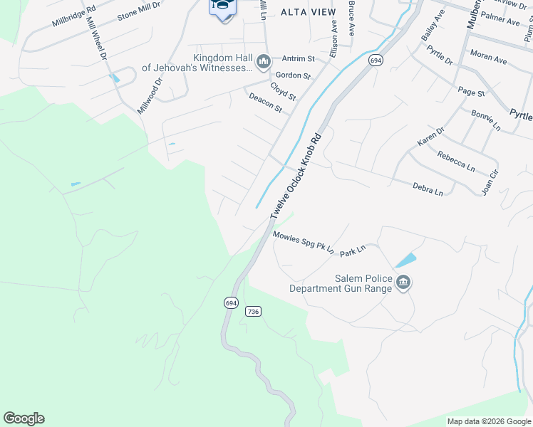 map of restaurants, bars, coffee shops, grocery stores, and more near 2905 Twelve Oclock Knob Road in Salem