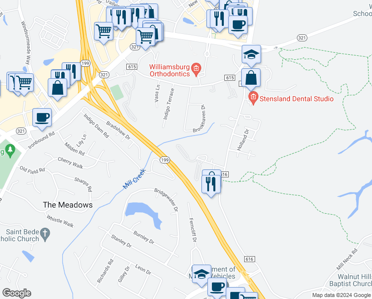 map of restaurants, bars, coffee shops, grocery stores, and more near 4029 Midlands Road in Williamsburg