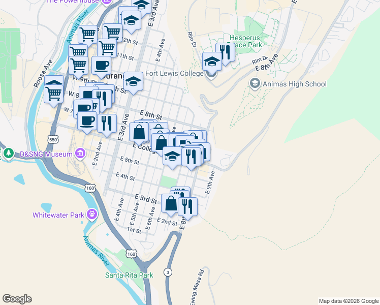 map of restaurants, bars, coffee shops, grocery stores, and more near in Durango